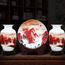 新中式粉彩瓷花瓶三件套工艺品客厅摆件家居酒柜玄关房间电视柜办公室装饰品开业瓷盘摆设